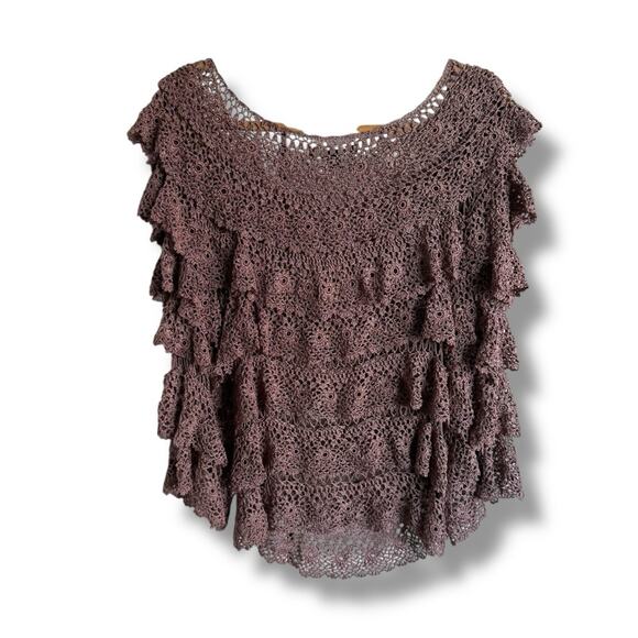 Boston Proper Brown Bell Sleeve Ruffled Crochet Tiered Sweater Top XS/S - Picture 3 of 6